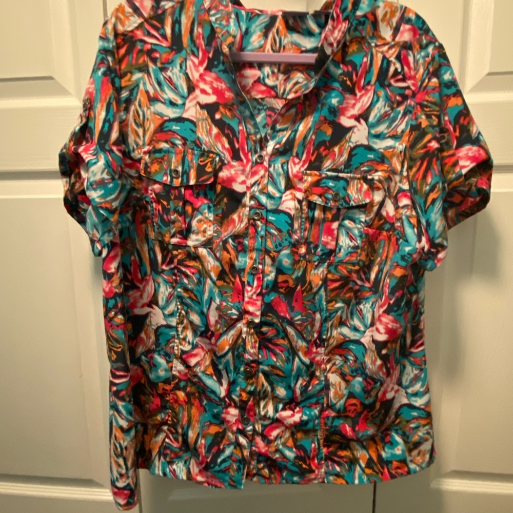 Laura Scott Teal, Pink, Orange button down abstract floral  shirt Size 16/18